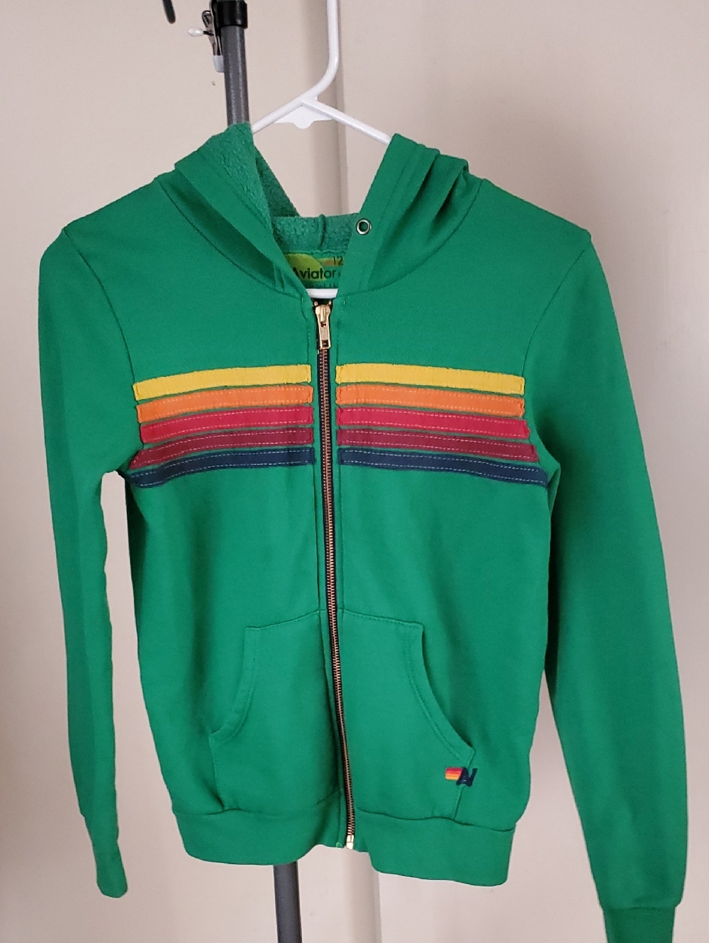 Aviator Nation Green Zip Hoodie with Rainbow Chest Stripes - Picture 1 of 4